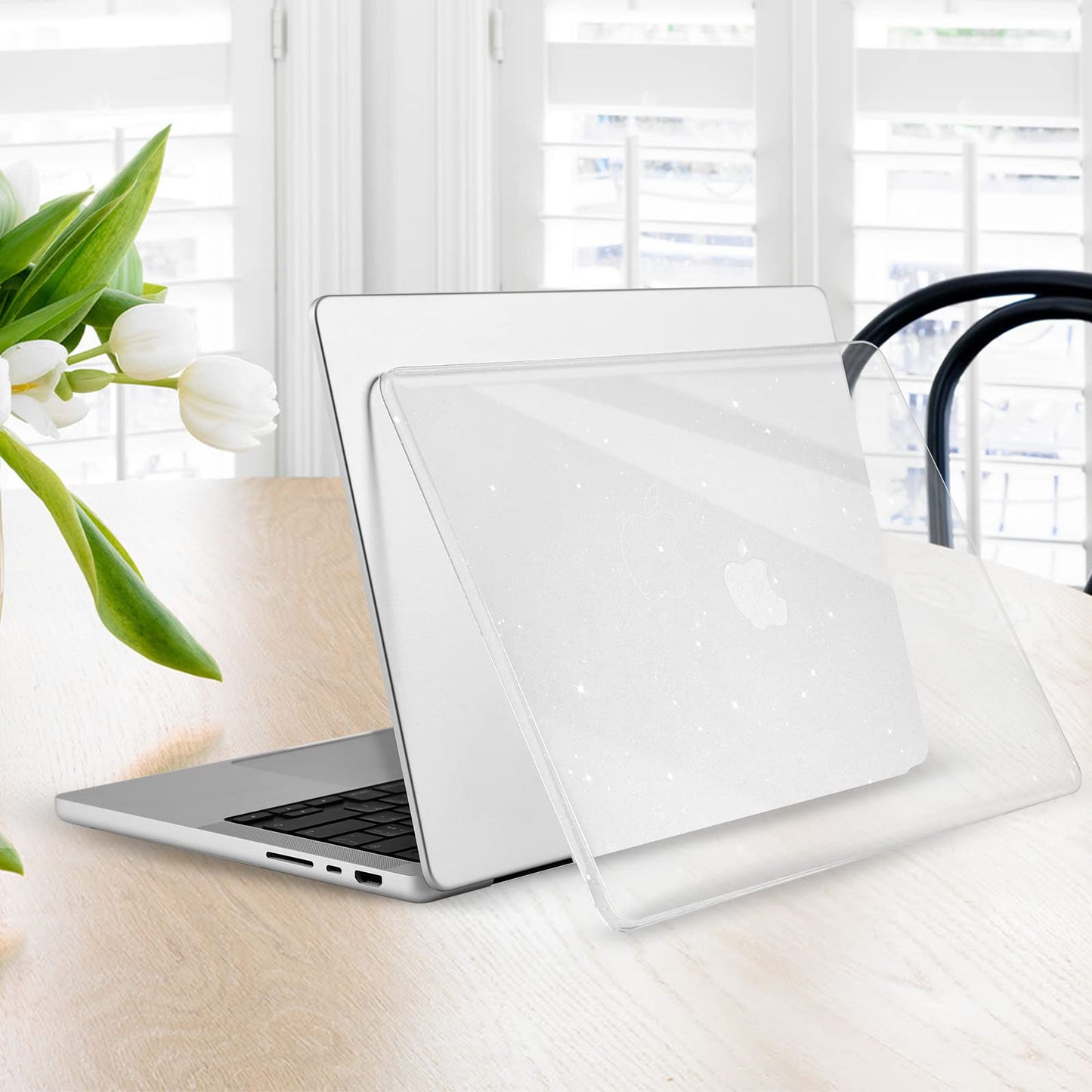 EooCoo Sparkly Clear MacBook Pro 14 inch Case (2025–2021, M4/M3/M2/M1 Pro/Max) – Anti-Scratch, Fingerprint-Free Glitter Hard Shell with Keyboard Cover & Screen Protector